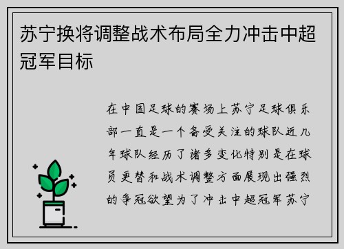 苏宁换将调整战术布局全力冲击中超冠军目标